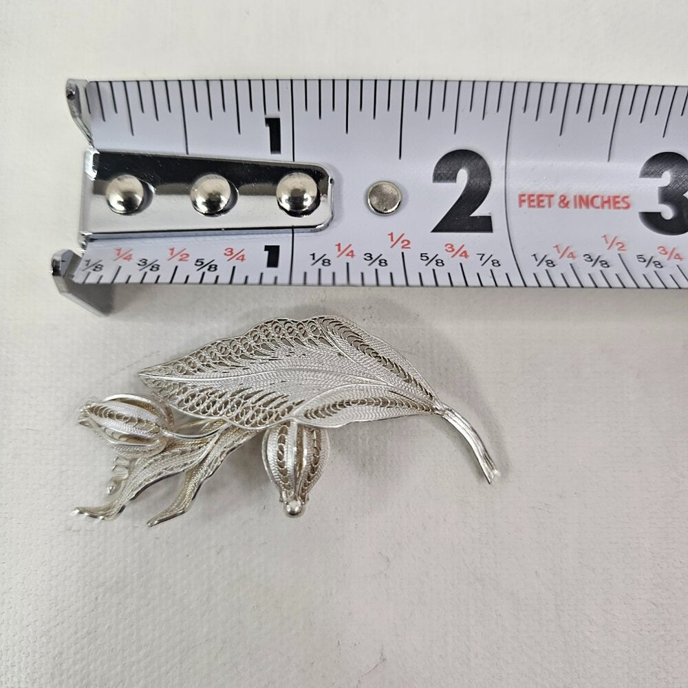 925 Silver Floral Filigree Brooch Tulip Flowers Leaf Vintage Pin Hook C Closure - Picture 9 of 9